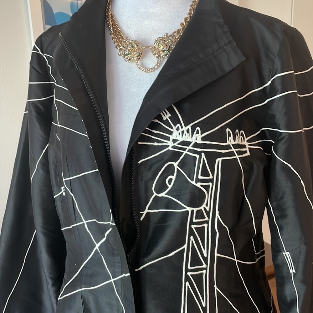 Couture 100% silk hand drawn coat 🧥 black double zipper - Picture 6 of 12